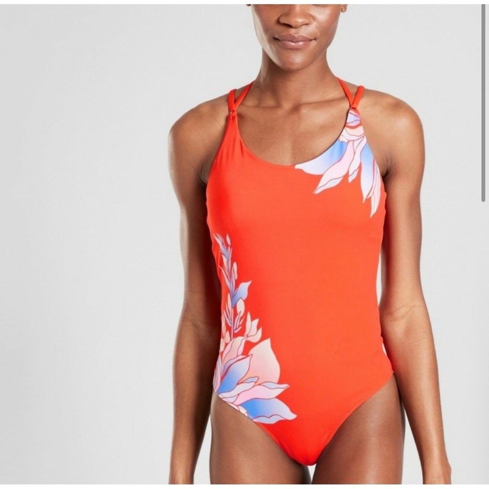 Athleta Women's Orange Red Vintage Floral One-Piece Swimsuit Size S‎